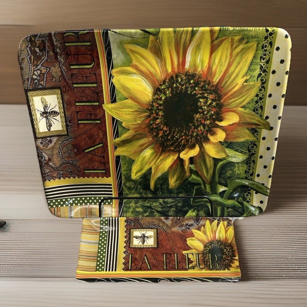 Certified International French Sunflower Rectangular Platter 16x12 And Tray 11x5